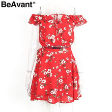 BeAvant Two-piece red chiffon summer dress Off shoulder beach dress Women 2018 vintage party ruffles short dress vestido