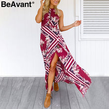 BeAvant Sexy halter backless maxi boho dress women Eastic waist side slit print long dress 2018 summer dress beach dress vestido