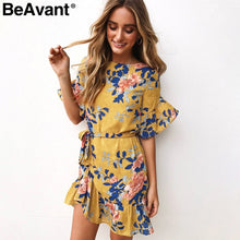 BeAvant Sash floral print ruffle dress women mini dress Elegant o neck  boho chic autumn dress 2017 robe femme dress vestidos