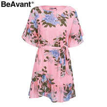 BeAvant Sash floral print ruffle dress women mini dress Elegant o neck  boho chic autumn dress 2017 robe femme dress vestidos