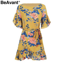 BeAvant Sash floral print ruffle dress women mini dress Elegant o neck  boho chic autumn dress 2017 robe femme dress vestidos